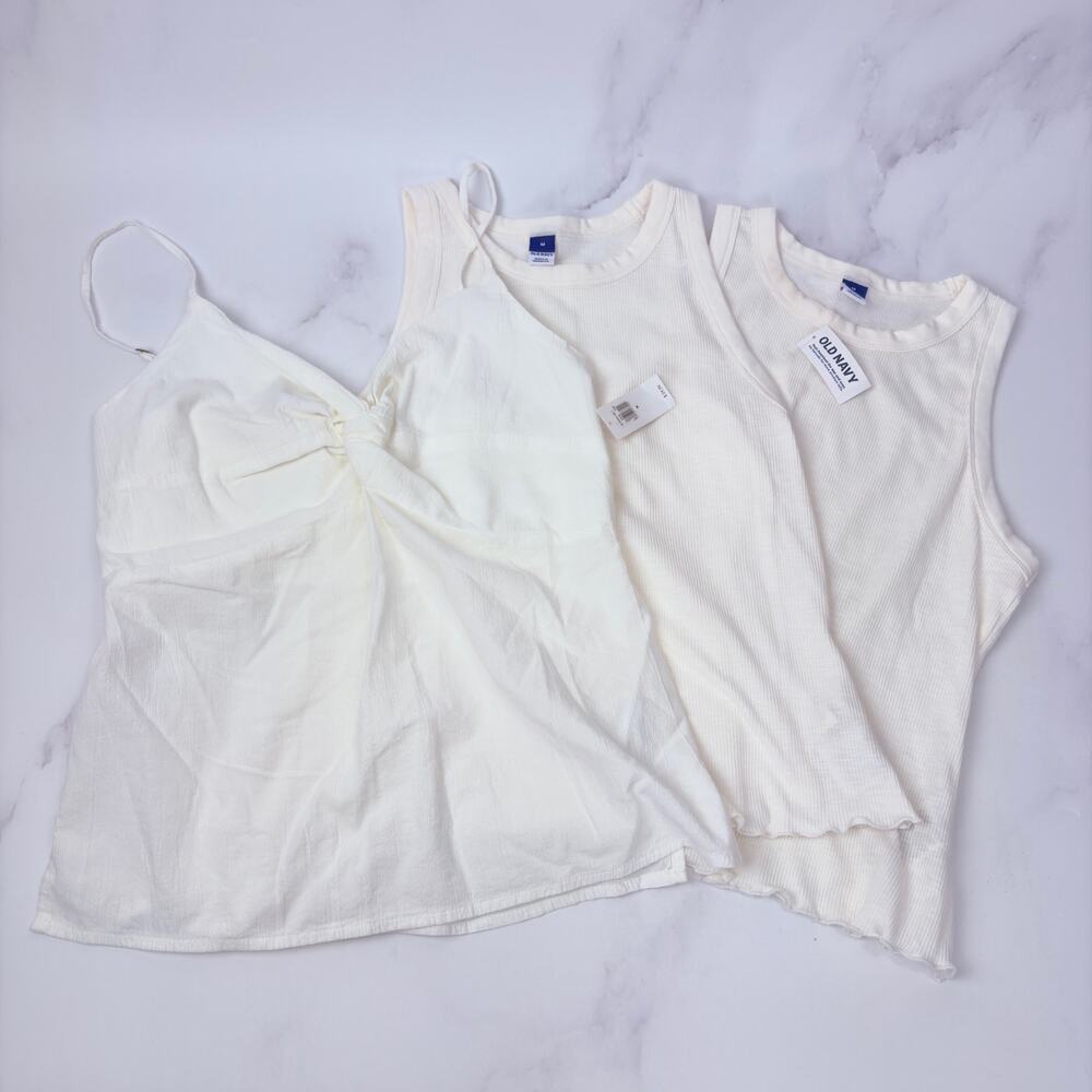 Old Navy White Tank Top Minimalist Coquette Essential Bundle Set of 3 Medium